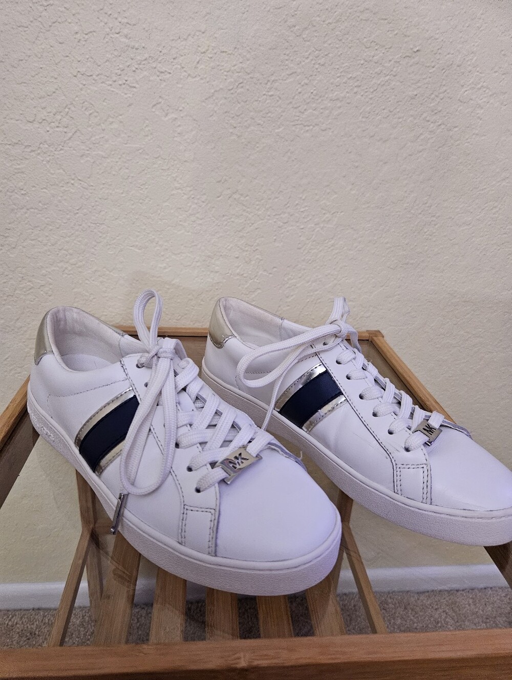 Michael Kors Irving sneakers. Genuine white leather Blue and silver stripe. Sz 6